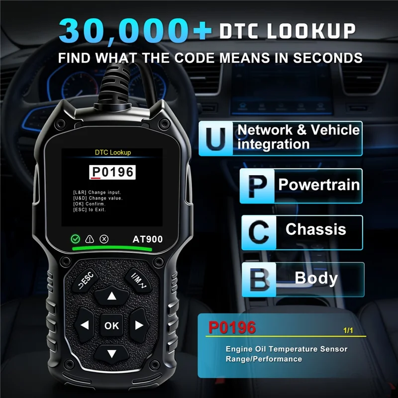 AT900 OBD2 Car Diagnostic Scanner Tool Support Cloud Print 2.4 Inch TFT Screen Battery Tester for Engine Check - Black