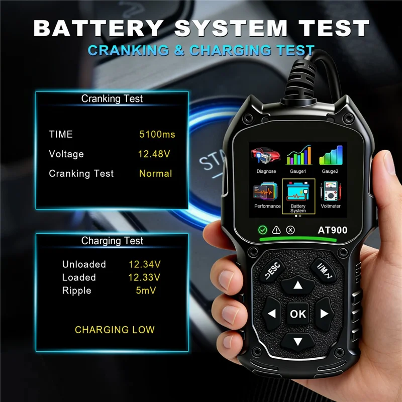 AT900 OBD2 Car Diagnostic Scanner Tool Support Cloud Print 2.4 Inch TFT Screen Battery Tester for Engine Check - Black