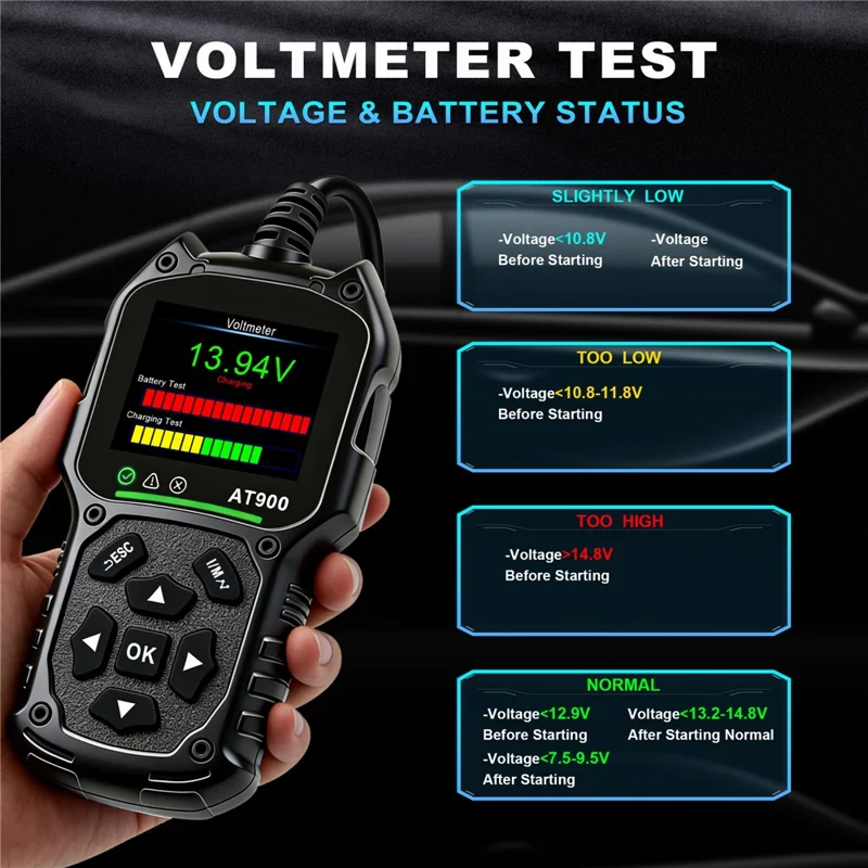AT900 OBD2 Car Diagnostic Scanner Tool Support Cloud Print 2.4 Inch TFT Screen Battery Tester for Engine Check - Black