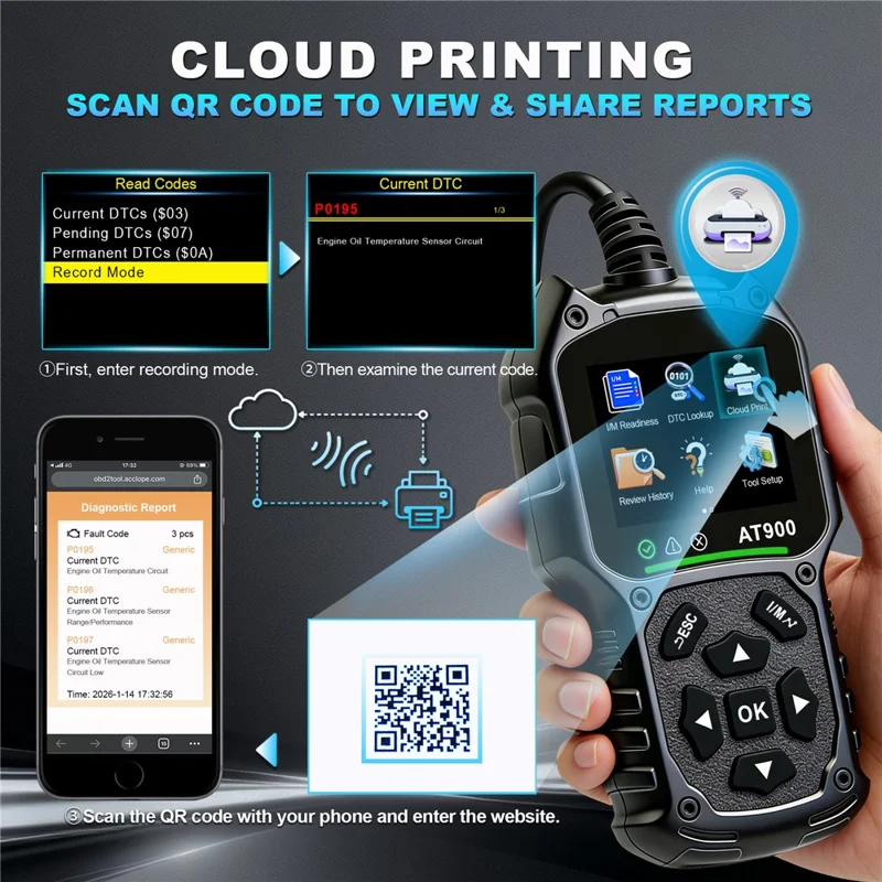 AT900 OBD2 Car Diagnostic Scanner Tool Support Cloud Print 2.4 Inch TFT Screen Battery Tester for Engine Check - Black
