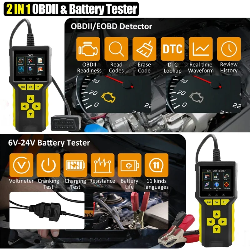 BT80 2 in 1 OBD2 Scanner 6V-24V Battery Tester Diagnostic Tool for Car Motorcycle Truck