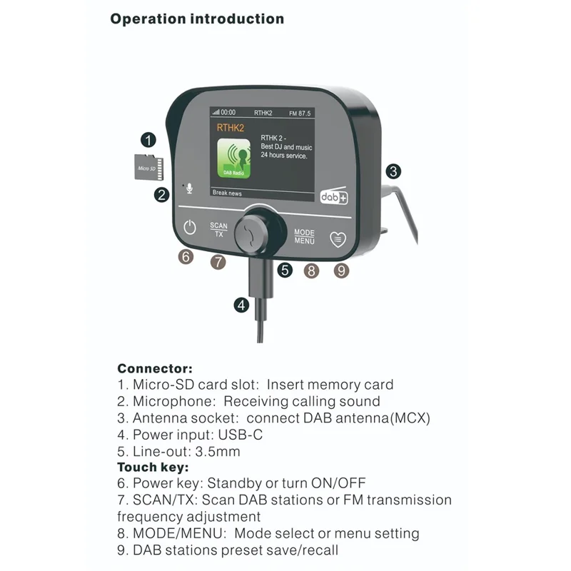 Receptor de Radio Digital DAB para Coche C9, Pantalla Táctil de 2,4", Bluetooth, Transmisor FM, USB-C, para Audio del Automóvil - Negro