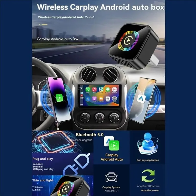 Q1A 2 in 1 Wireless CarPlay Android Auto Adapter Bluetooth-compatible 5.0 USB Dongle with Button for Car - Black