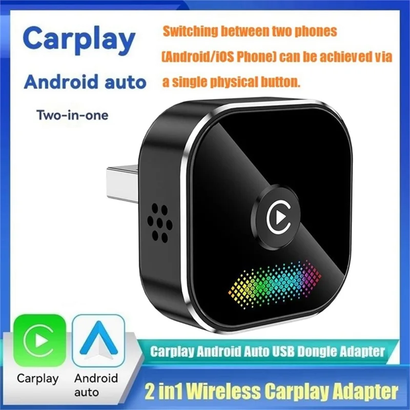 Q1A 2-w-1 przekładnik przewodowy na bezprzewodowy CarPlay Android Auto Adapter Bluetooth 5.0 USB Dongle z przyciskiem do samochodu - Czarny