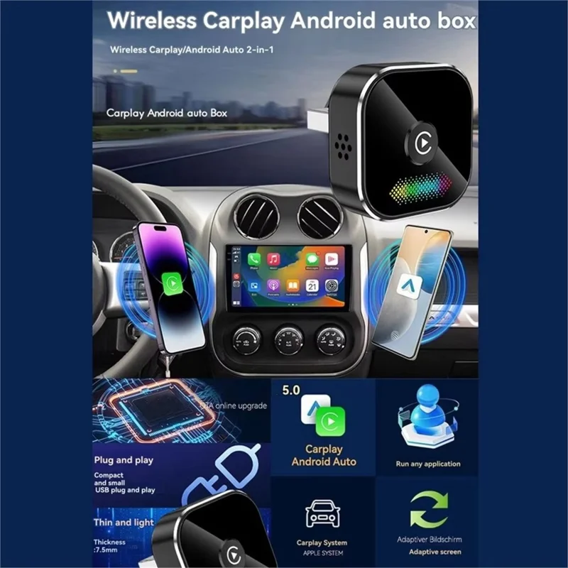 Q1A 2-w-1 przekładnik przewodowy na bezprzewodowy CarPlay Android Auto Adapter Bluetooth 5.0 USB Dongle z przyciskiem do samochodu - Czarny