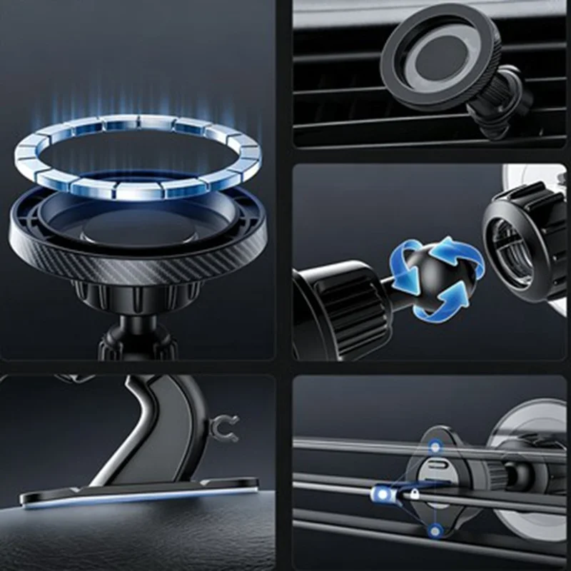 Soporte para Teléfono en Coche 2 en 1 Magnético con Rotación de 360°, Soporte Ajustable Universal para Salida de Aire y Panel