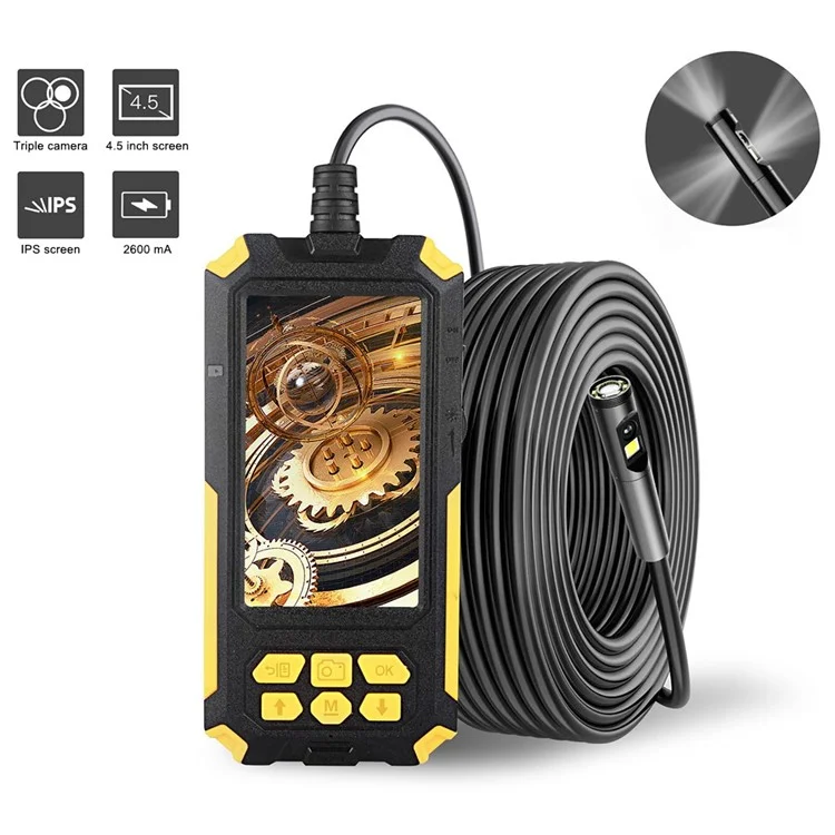 P50 5m Hard Wire Waterproof Endoscope 8mm Tri-Lens HD Borescope 4.5'' Screen Pipe Inspection Camera Borescope