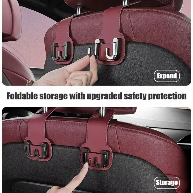 Car Headrest Hook Foldable Metal Seat Back Hanger Multi-function Hidden Hook for Handbag Grocery - Red