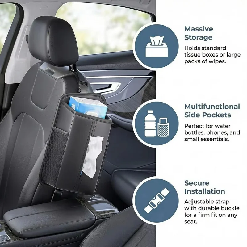 Organizer per Sedile Auto in Ecopelle Porta-Tissue Multi-Funzione con Tasche Laterali - Nero