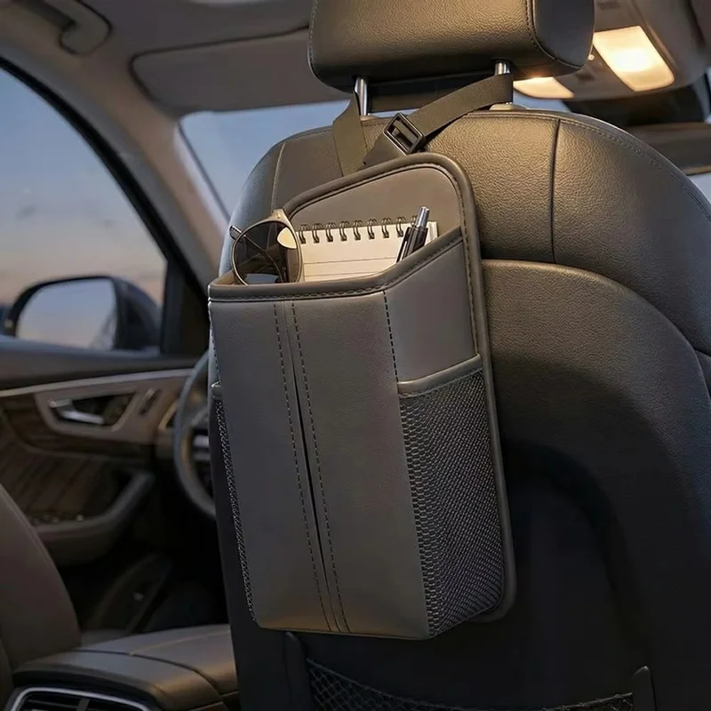 Organizer per Sedile Auto in Ecopelle Porta-Tissue Multi-Funzione con Tasche Laterali - Nero