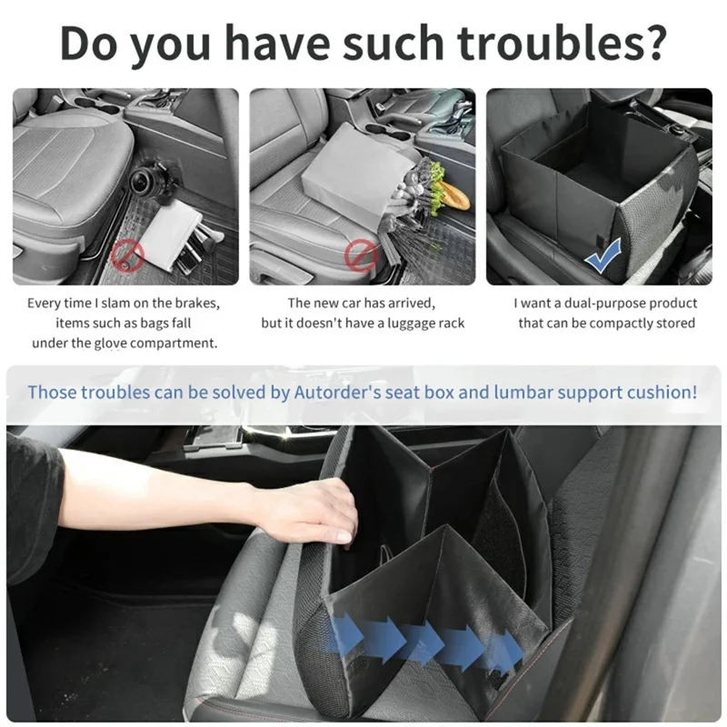 Organizzatore per Sedile Pieghevole 2 in 1, Scatola per Ripostiglio Auto 30L con Supporto Lombare (senza Coperchio) - Nero