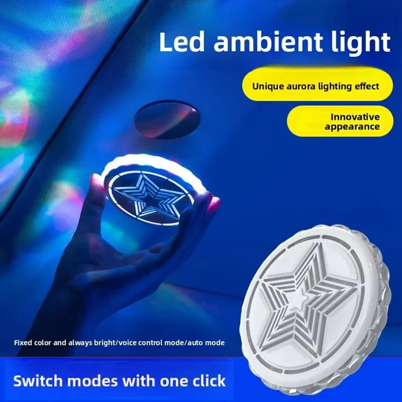 LED Car Ambient Light USB Rechargeable Magnetic Aurora Atmosphere Light Voice Control for Interior - White