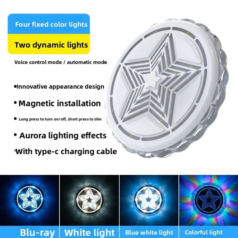 LED Car Ambient Light USB Rechargeable Magnetic Aurora Atmosphere Light Voice Control for Interior - White