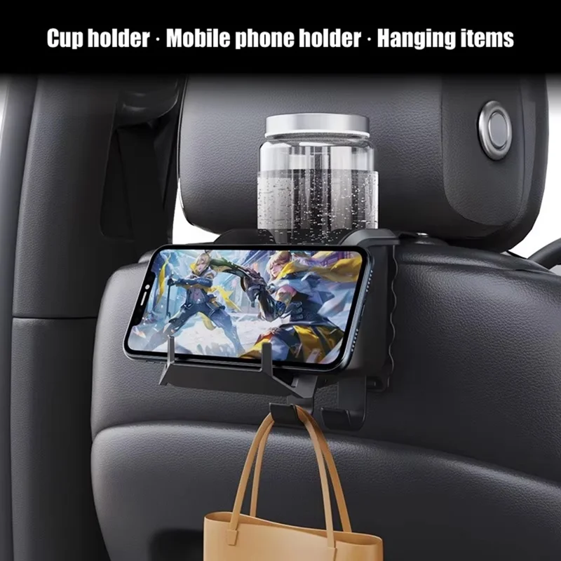 Car Seat Back Cup Holder Organizer with Hooks Multi-Function Headrest Caddy for Drinks Phone Storage - Black