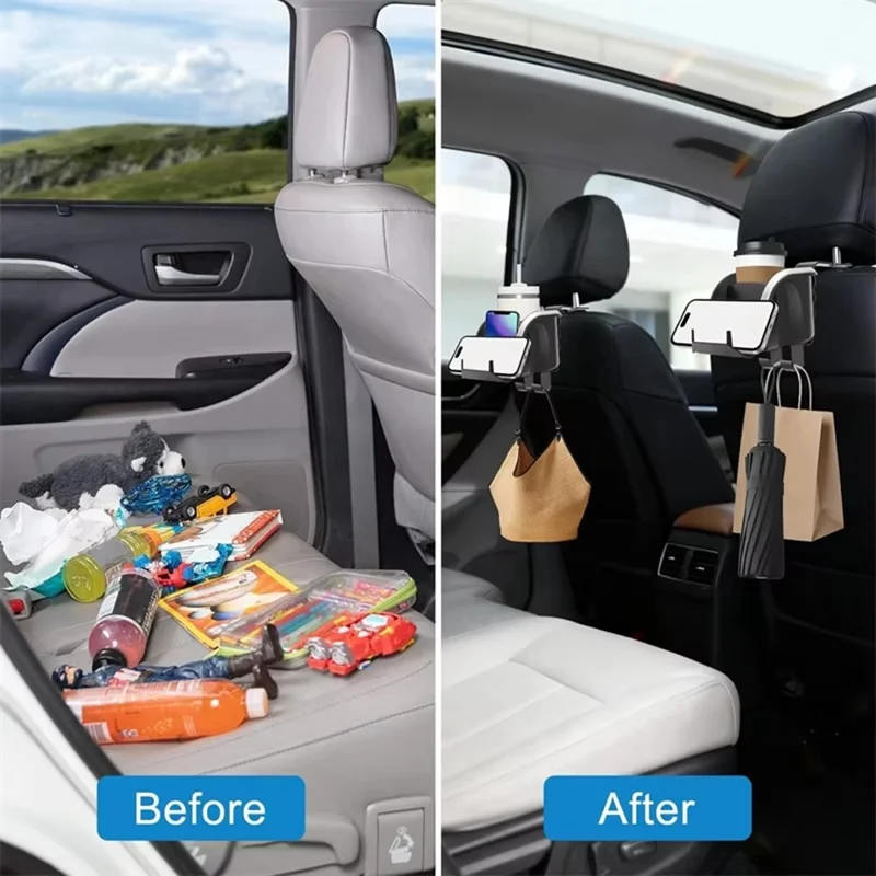 Car Seat Back Cup Holder Organizer with Hooks Multi-Function Headrest Caddy for Drinks Phone Storage - Black