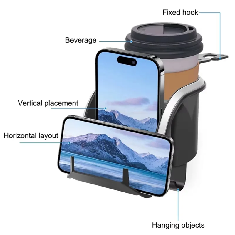 Car Seat Back Cup Holder Organizer with Hooks Multi-Function Headrest Caddy for Drinks Phone Storage - Black