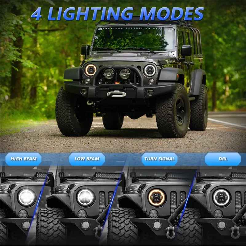 7 Zoll runde LED-Scheinwerfer mit 4 Modi und Angel Eyes, IP67 wasserdicht für Jeep Wrangler Motorrad