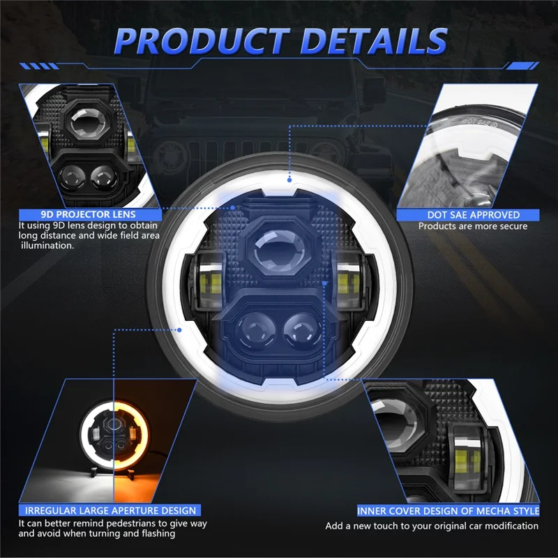 7 Zoll runde LED-Scheinwerfer mit 4 Modi und Angel Eyes, IP67 wasserdicht für Jeep Wrangler Motorrad