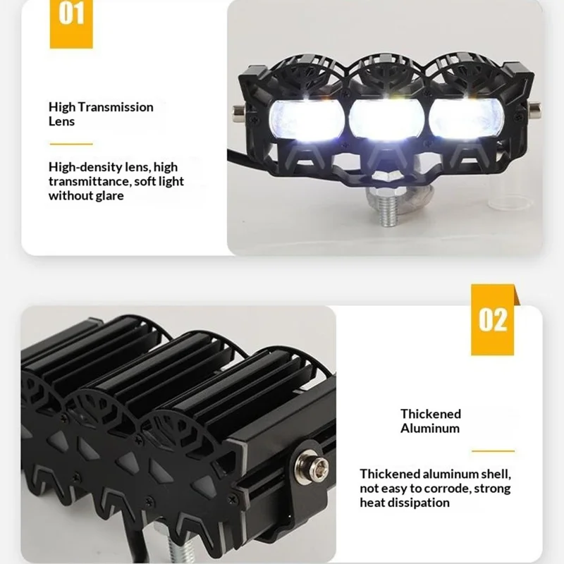 V108 3-LED Car Spotlight 30W 12000LM Yellow White Driving Light with Red Warning Mode for RV Motorcycle ATV - Black