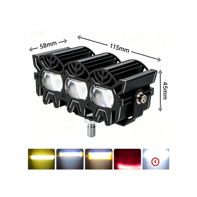 V108 3-LED Car Spotlight 30W 12000LM Yellow White Driving Light with Red Warning Mode for RV Motorcycle ATV - Black