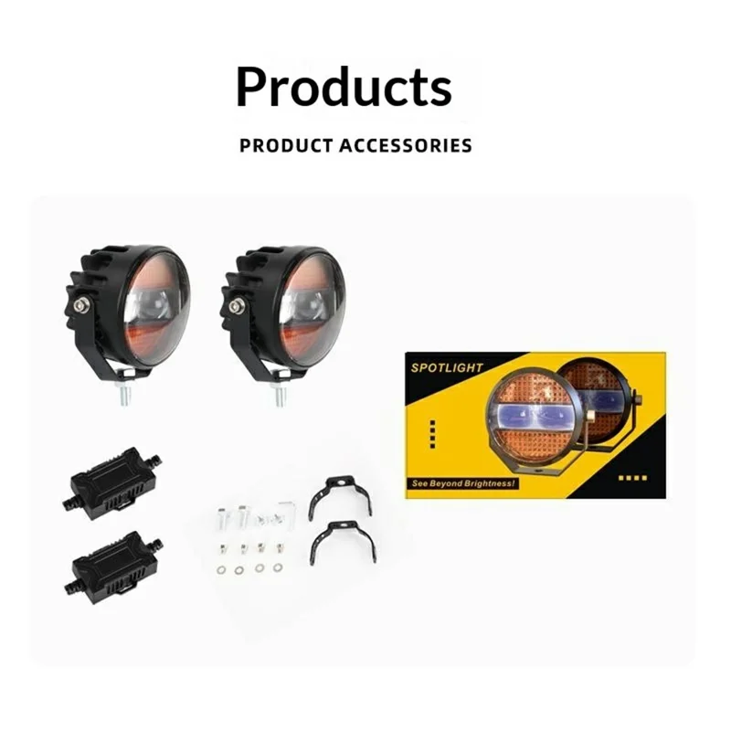2Pcs Yellow and White Light Round LED Spotlight 65W 12000LM Auxiliary Driving Lamp for Car Motorcycle ATV - Black
