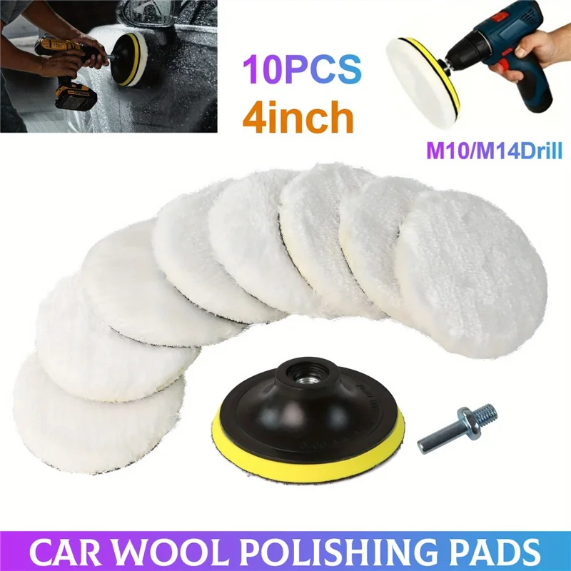 Juego de 10 unidades de almohadillas de pulido de lana de 4 pulgadas, kit de esponjas para pulir coche, encerado y limpieza