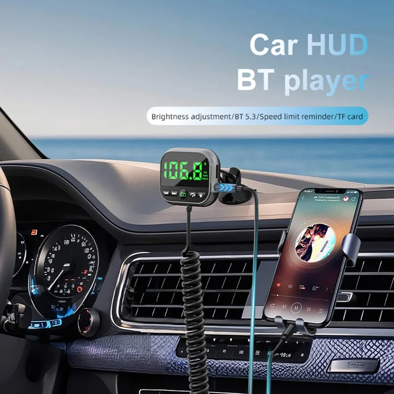 C80 6-in-1 Car HUD Display Bluetooth-compatible 5.3 FM Transmitter Speed Monitor TF Card Car Audio Adapter Receiver for Dashboard
