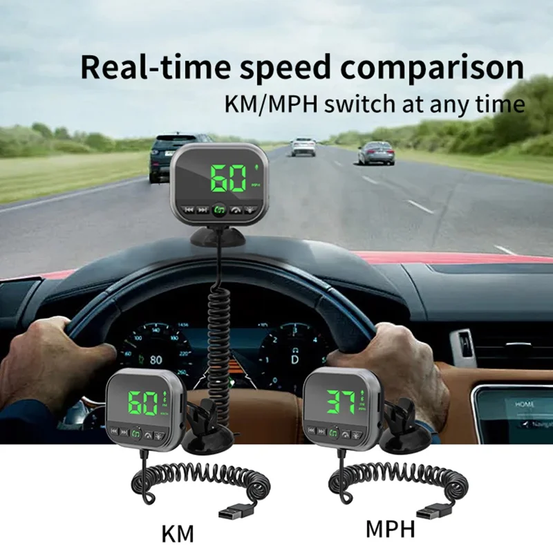 C80 6-in-1 Car HUD Display Bluetooth-compatible 5.3 FM Transmitter Speed Monitor TF Card Car Audio Adapter Receiver for Dashboard