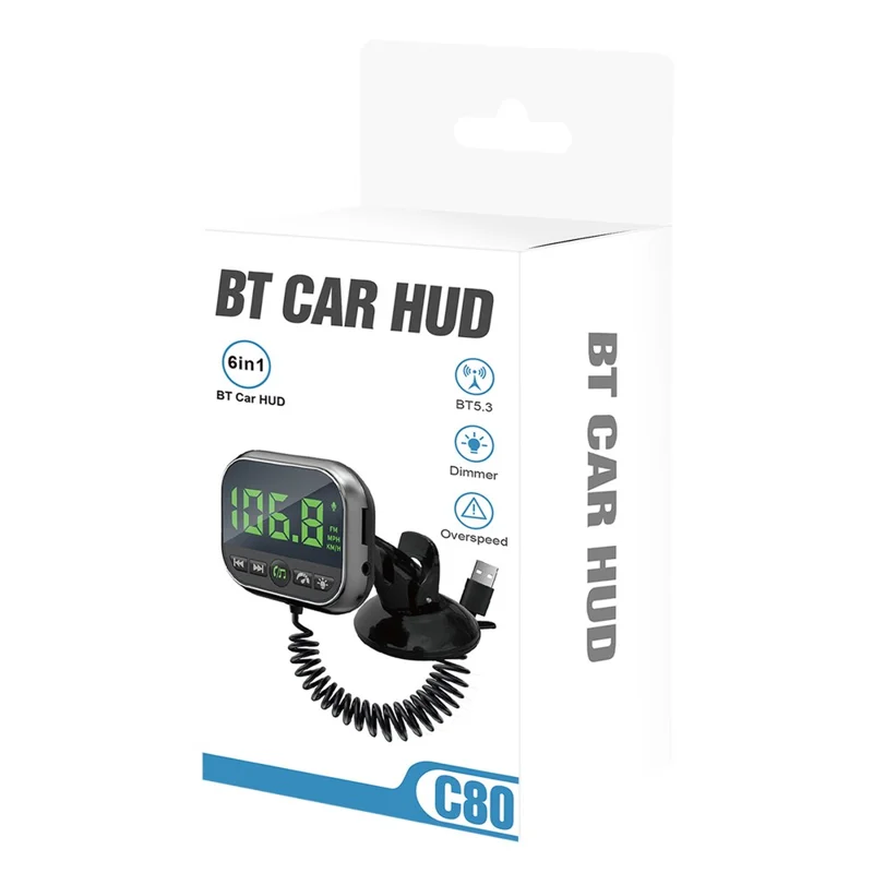 C80 6-in-1 Car HUD Display Bluetooth-compatible 5.3 FM Transmitter Speed Monitor TF Card Car Audio Adapter Receiver for Dashboard