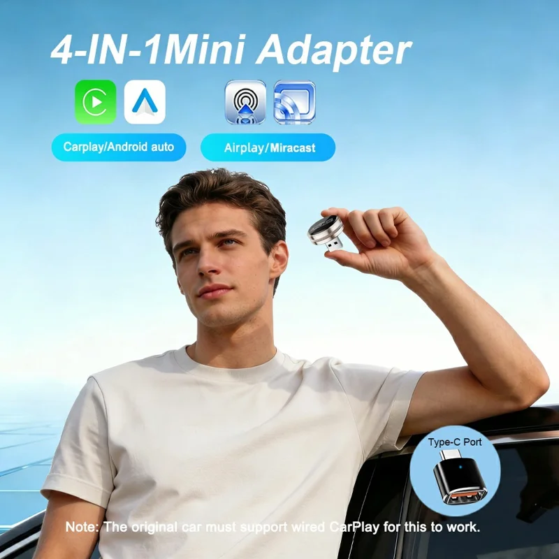 Adaptador M73 4 en 1 Mini Inalámbrico para CarPlay, Conversión de Cableado a Inalámbrico para CarPlay, Android Auto, AirPlay, Miracast, Dongle Automático