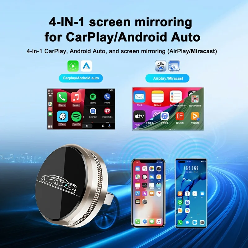 Adaptador M73 4 en 1 Mini Inalámbrico para CarPlay, Conversión de Cableado a Inalámbrico para CarPlay, Android Auto, AirPlay, Miracast, Dongle Automático