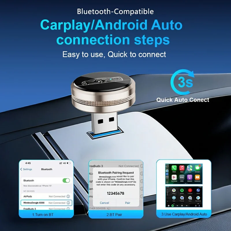 Adaptador M73 4 en 1 Mini Inalámbrico para CarPlay, Conversión de Cableado a Inalámbrico para CarPlay, Android Auto, AirPlay, Miracast, Dongle Automático