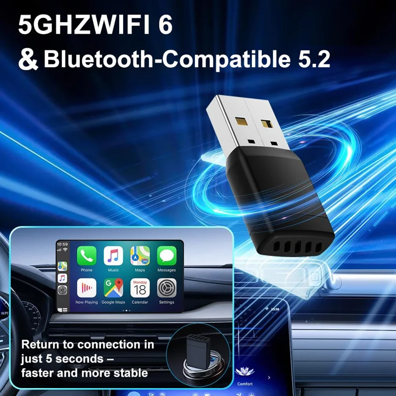 M77 Bezprzewodowy adapter CarPlay Android Auto, gotowy do użycia, 5 GHz WiFi, Bluetooth 5.2, przewodowy na bezprzewodowy, kluczyk USB