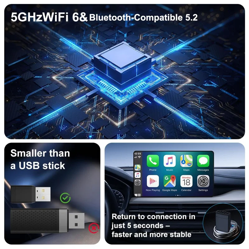 M77 Bezprzewodowy adapter CarPlay Android Auto, gotowy do użycia, 5 GHz WiFi, Bluetooth 5.2, przewodowy na bezprzewodowy, kluczyk USB