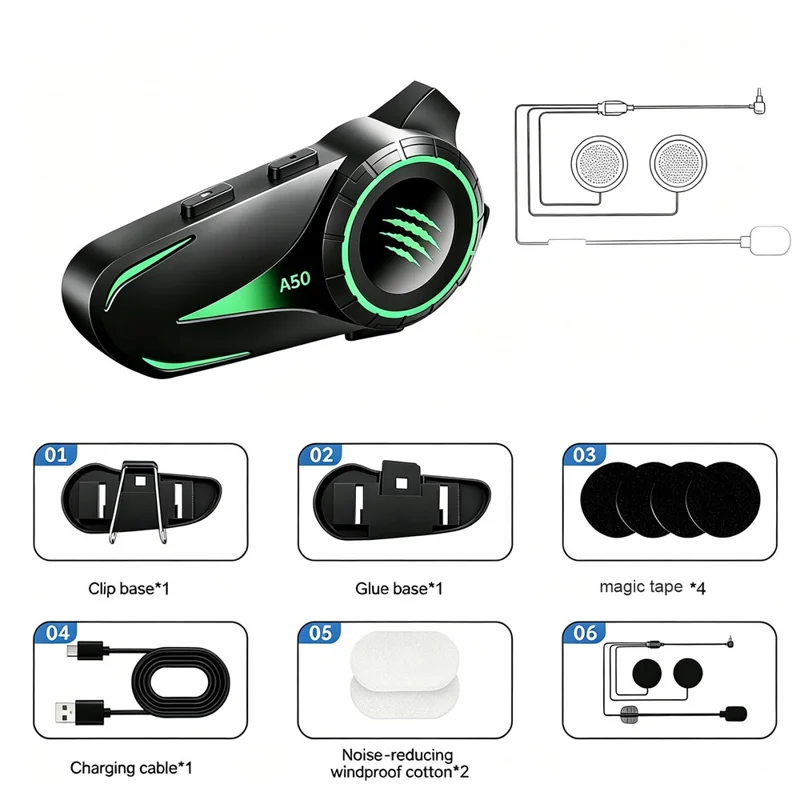 A50 Pro Hi-Fi Stereo Sound Motorcycle Helmet Bluetooth-compatible Intercom Earphones with Hard Mic for Riding