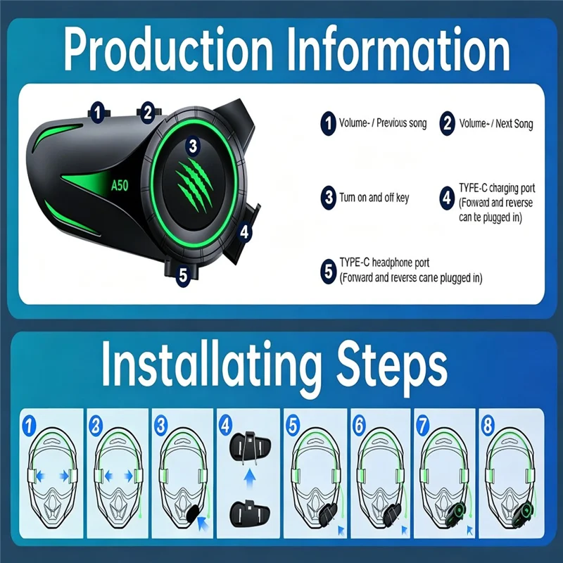 A50 Pro Hi-Fi Stereo Sound Motorcycle Helmet Bluetooth-compatible Intercom Earphones with Hard Mic for Riding