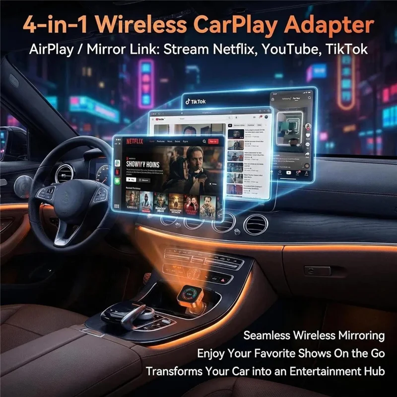 4223M 4 in 1 Wireless CarPlay Android Auto Adapter Mirror Airplay Miracast for Cars with Wired CarPlay - Orange
