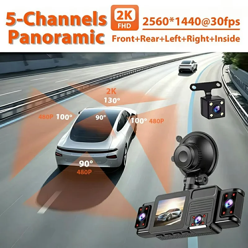 A52 5-Canal 2K WiFi Cámara de Detección de 360 Grados Grabadora de Conducción para Coche - Negro