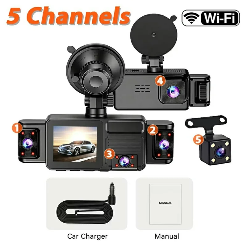 A52 5-Canal 2K WiFi Cámara de Detección de 360 Grados Grabadora de Conducción para Coche - Negro