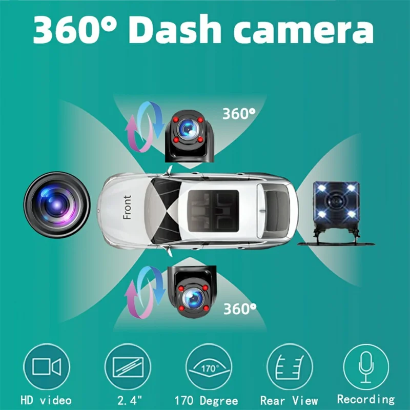 A35 4 Channel Dash Cam 1080P Full HD WiFi Car DVR with Front Left Right Rear Viewing - Black