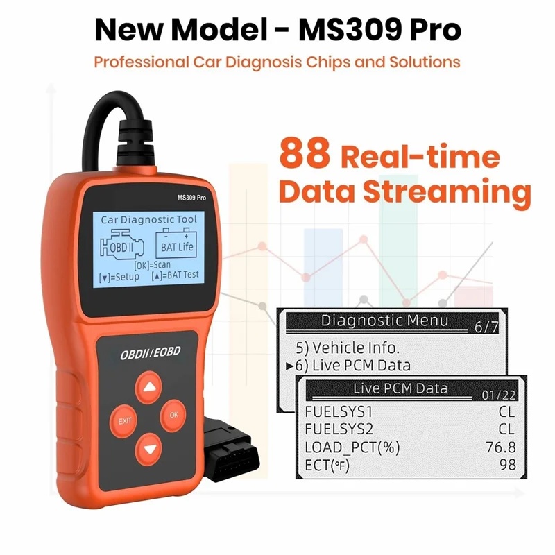 MS309 PRO OBD2 Сканер, диагностическое устройство для автомобиля, тестер аккумулятора, считыватель кодов для бензиновых автомобилей 12 В