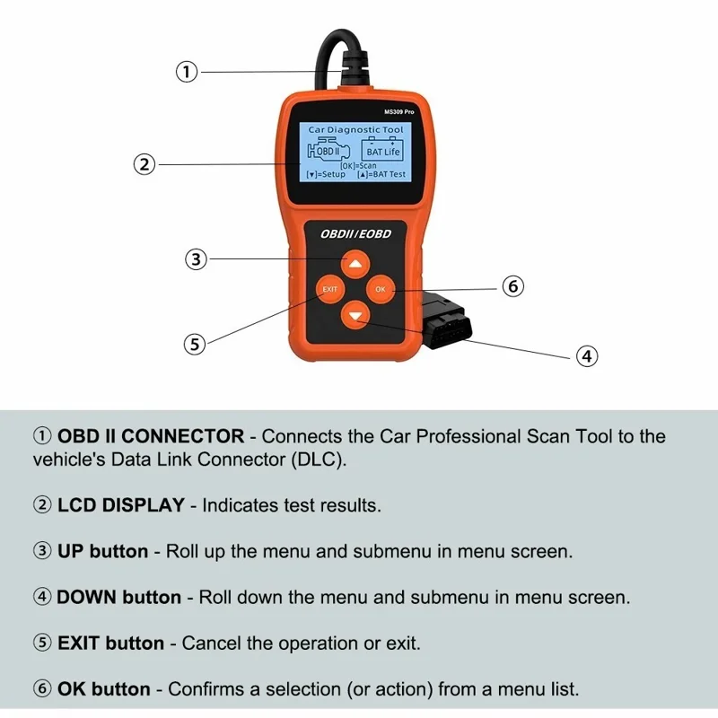 MS309 PRO OBD2 Сканер, диагностическое устройство для автомобиля, тестер аккумулятора, считыватель кодов для бензиновых автомобилей 12 В