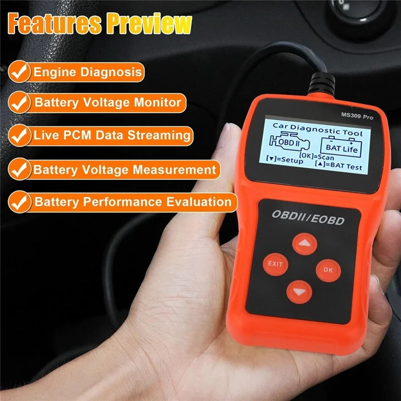 MS309 PRO OBD2 Сканер, диагностическое устройство для автомобиля, тестер аккумулятора, считыватель кодов для бензиновых автомобилей 12 В