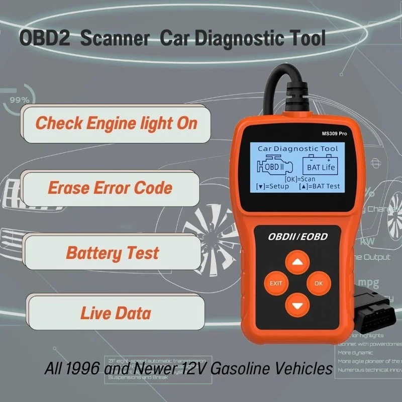 MS309 PRO OBD2 Сканер, диагностическое устройство для автомобиля, тестер аккумулятора, считыватель кодов для бензиновых автомобилей 12 В
