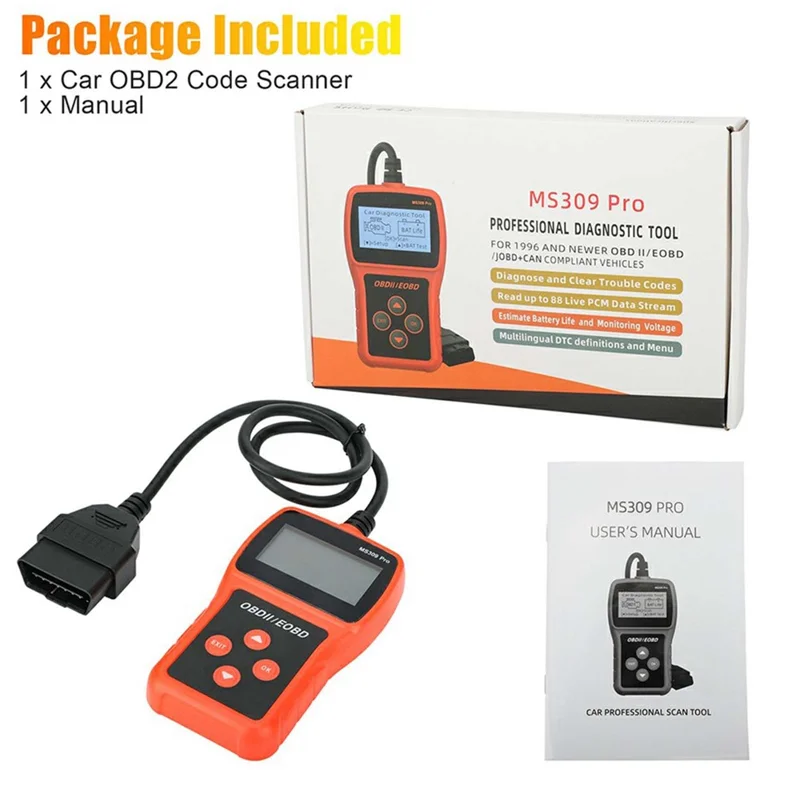 MS309 PRO OBD2 Сканер, диагностическое устройство для автомобиля, тестер аккумулятора, считыватель кодов для бензиновых автомобилей 12 В