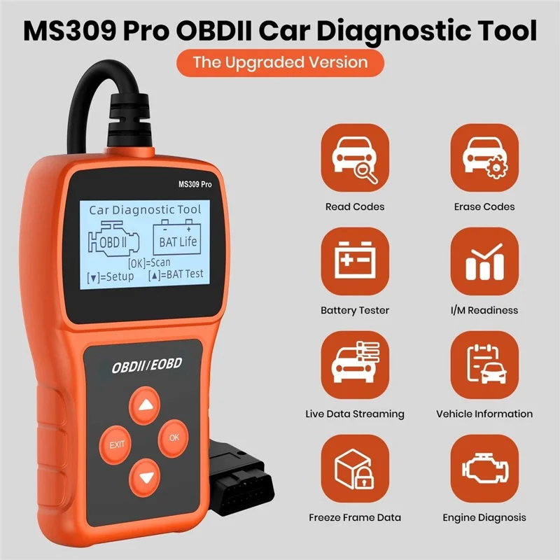 MS309 PRO OBD2 Сканер, диагностическое устройство для автомобиля, тестер аккумулятора, считыватель кодов для бензиновых автомобилей 12 В