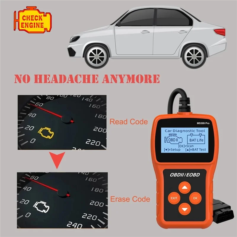 MS309 PRO OBD2 Сканер, диагностическое устройство для автомобиля, тестер аккумулятора, считыватель кодов для бензиновых автомобилей 12 В