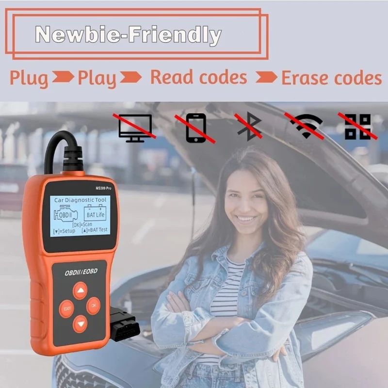 MS309 PRO OBD2 Сканер, диагностическое устройство для автомобиля, тестер аккумулятора, считыватель кодов для бензиновых автомобилей 12 В