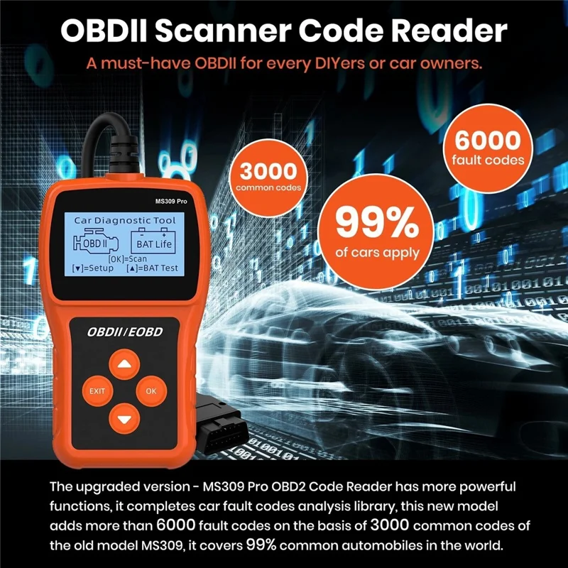 MS309 PRO OBD2 Сканер, диагностическое устройство для автомобиля, тестер аккумулятора, считыватель кодов для бензиновых автомобилей 12 В