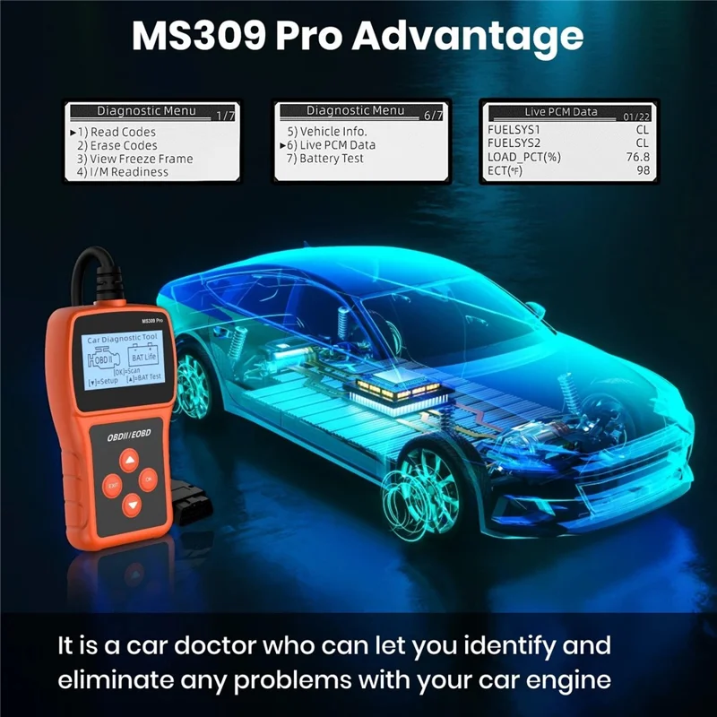 MS309 PRO OBD2 Сканер, диагностическое устройство для автомобиля, тестер аккумулятора, считыватель кодов для бензиновых автомобилей 12 В